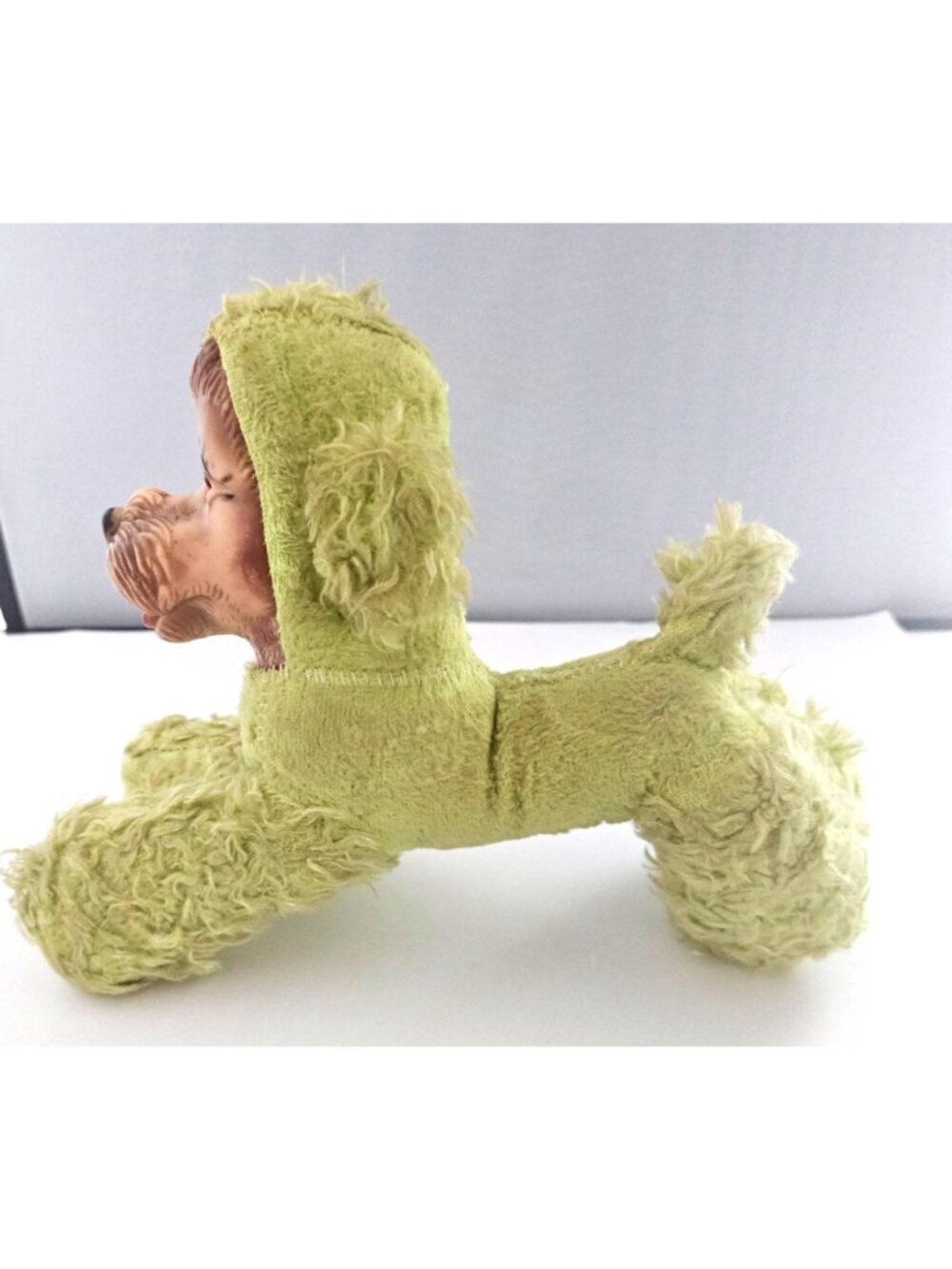 Vintage Rubber Face Dog Plush Toy Green Shaggy Fabric Mid-Century Style Hand-Sti - Picture 2 of 8